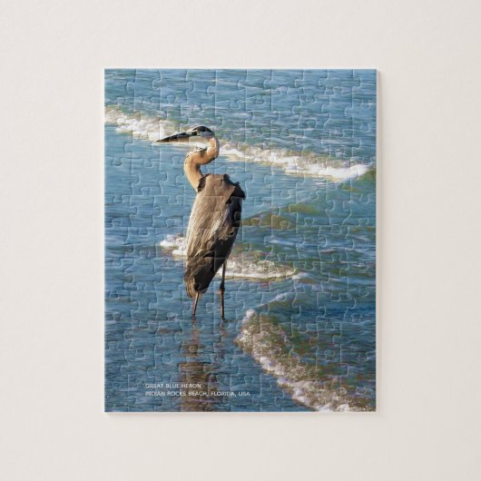 Majestic Heron Bird Beach Blue Waves Foto Puzzle Legpuzzel (Verticaal)