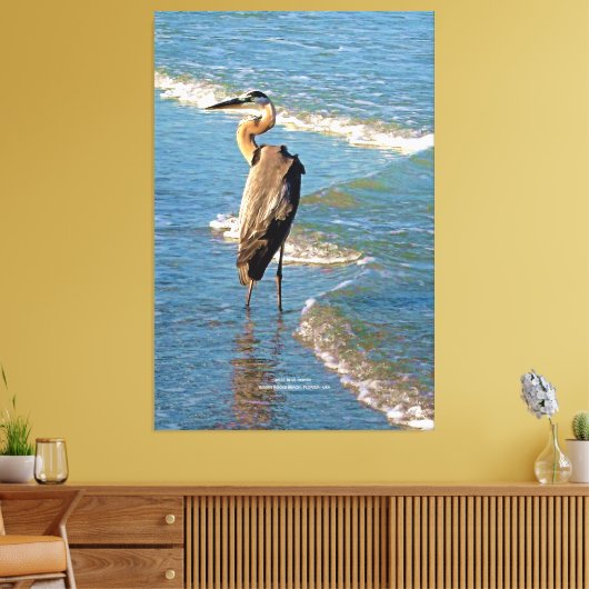 Majestic Heron Bird Ocean Waves Florida Verenigde  Canvas Afdruk (Insitu (Woonkamer))