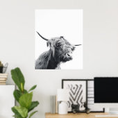 Majestic Highland koe zwart-wit Poster (Thuiskantoor)