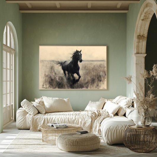 Majestic Horse Galoping in Natuur - Monochrome Poster