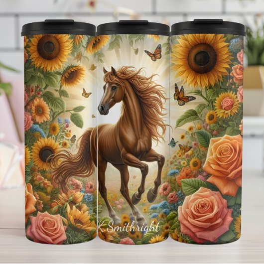 Majestic Horse Zonnebloem Tuin Vlinders Thermosbeker