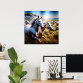 Majestic kudde: galopperende paarden in het veld poster (Thuiskantoor)
