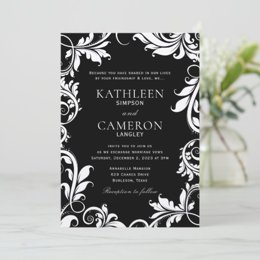 Majestic Leaves Uitnodiging Sjabloon | Zwart en Ec (Staand voorkant)