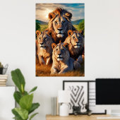 Majestic Leeuwen verenigt zich op uitgestrekt gras Poster (Thuiskantoor)