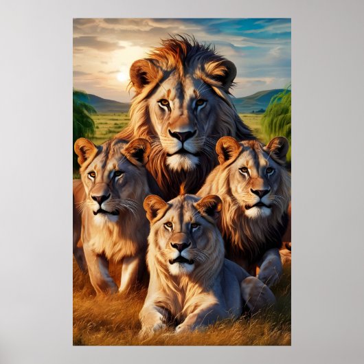 Majestic Leeuwen verenigt zich op uitgestrekt gras Poster (Voorkant)
