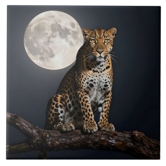 Majestic Leopard and Full Moon   Tegeltje (Voorkant)