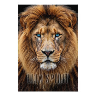 Majestic Lion Face with Blue Eyes | Wildlife Anima Foto Afdruk
