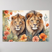 Majestic Lion & Floral Waterverf Art Print (Voorkant)