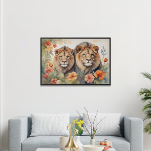 Majestic Lion & Floral Waterverf Art Print