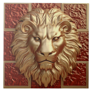 Majestic Lion Head met Golden Border Ceramic Tegel Tegeltje