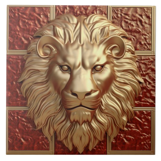 Majestic Lion Head met Golden Border Ceramic Tegel Tegeltje (Voorkant)