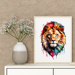 Majestic Lion Rainbow Waterverf Splash Art Poster