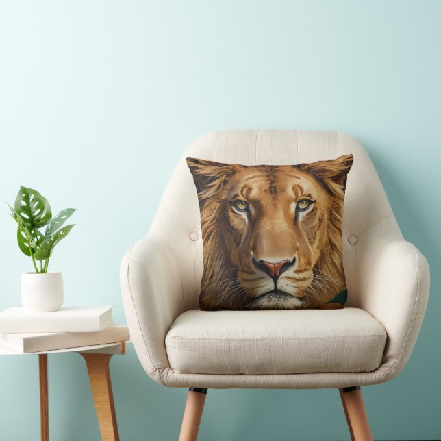 Majestic Lion Throw Pillow – Powerful Wildlife Art Kussen (Stoel)