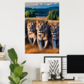 Majestic Lions die door Verdant Field zwerven Poster (Thuiskantoor)
