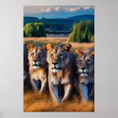 Majestic Lions die door Verdant Field zwerven Poster (Voorkant)