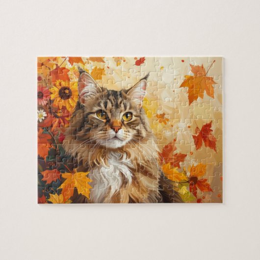 Majestic Maine Coon with Fall Leaves and Sunflower Legpuzzel (Horizontaal)