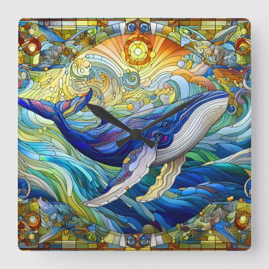 Majestic Marine Mozaïek Een Glas in lood Walvis Vierkante Klok (Voorkant)