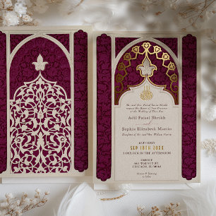 Majestic Maroon en Gouden Folie Islamitische Bruil Uitnodiging