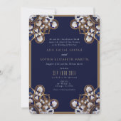 Majestic Midnight Blue en Goud Bloemen Bruiloft Kaart (Voorkant)