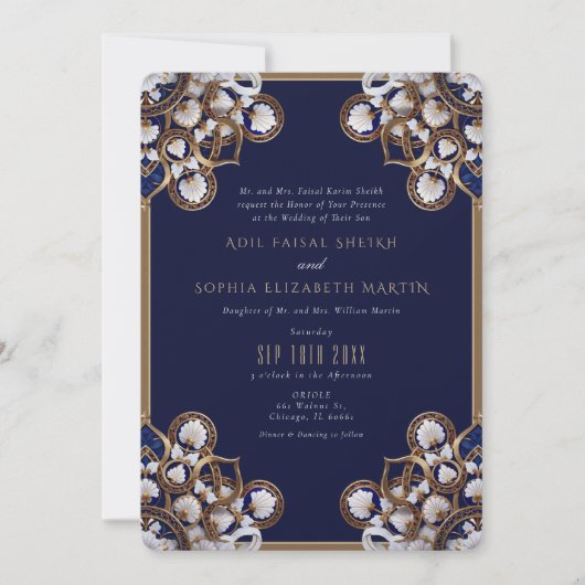 Majestic Midnight Blue en Goud Bloemen Bruiloft Kaart (Voorkant)