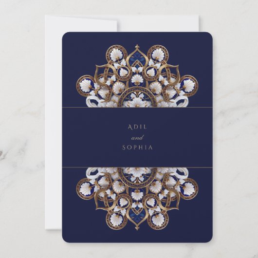 Majestic Midnight Blue en Goud Bloemen Bruiloft Kaart (Achterkant)