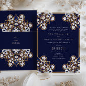 Majestic Midnight Blue en Goud Bloemen Bruiloft Kaart