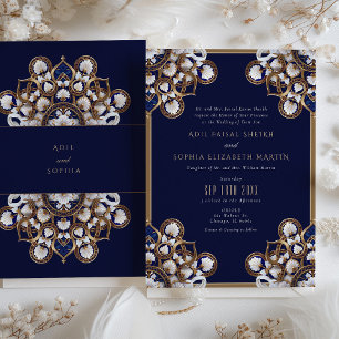 Majestic Midnight Blue en Goud Bloemen Bruiloft Kaart