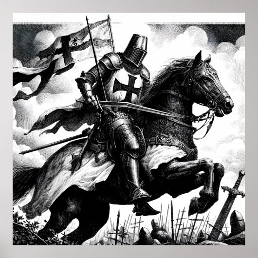 Majestic Monochrome Middeleeuwse Ridder Poster (Voorkant)