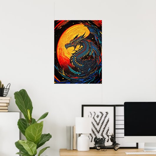 Majestic Moonlit Dragon - Retro Art Poster (Thuiskantoor)