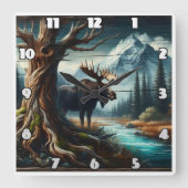 Majestic Moose bij Mountain River bij Dusk Vierkante Klok (Voorkant)