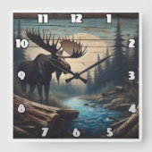 Majestic Moose bij Tranquil River bij Dusk Vierkante Klok (Voorkant)