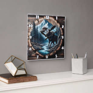 Majestic Moose door Stream in berglandschap Vierkante Klok