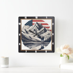 Majestic Moose Mountain Patriotic Vierkante Klok