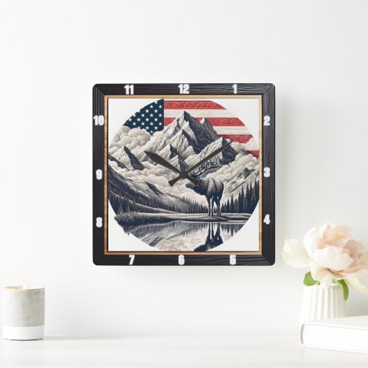 Majestic Moose Mountain Patriotic Vierkante Klok (Huis)