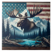 Majestic Moose tegen bergen en Amerikaanse vlag Tegeltje (Voorkant)