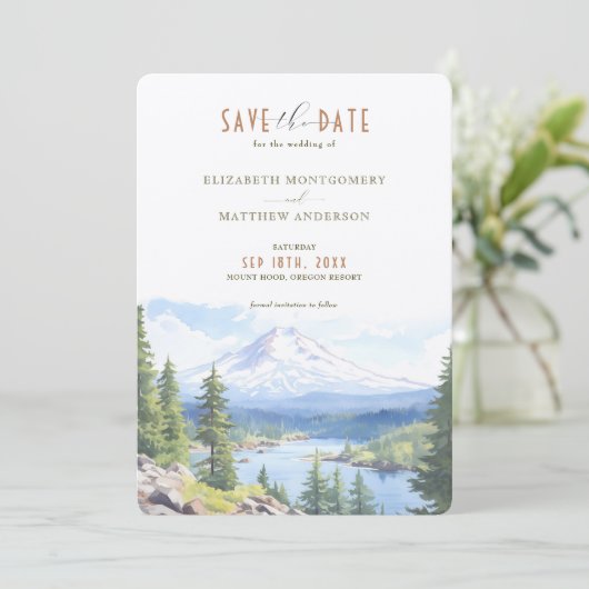 Majestic Mount Hood Forest Save-the-Date Kaart (Staand voorkant)