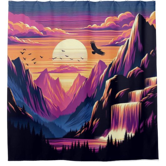 Majestic Mountain Sunset Douche Gordijn Liner (Voorkant)