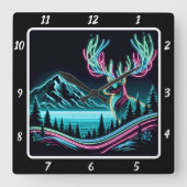 Majestic Neon Deer Wall Art Vierkante Klok (Voorkant)