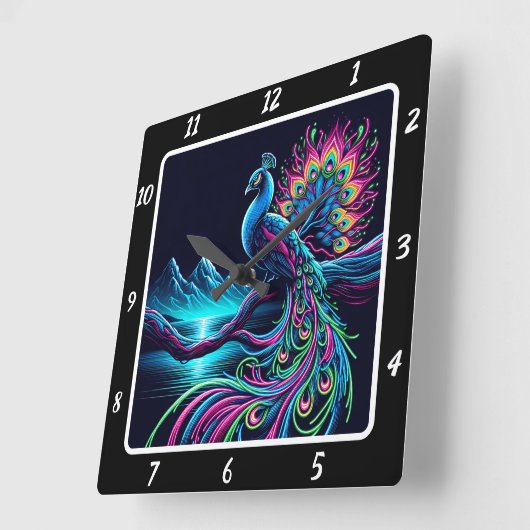 Majestic Neon Peacock Vierkante Klok (Hoek)
