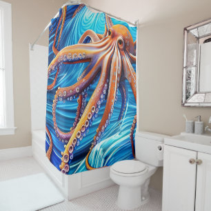 Majestic Octopus Blue Ocean Wave Expressionisme Douchegordijn