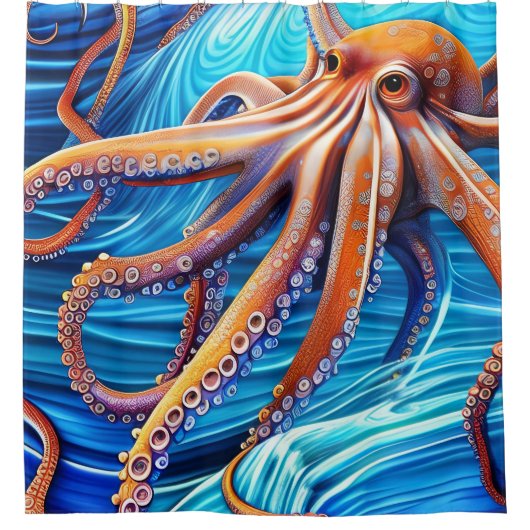 Majestic Octopus Blue Ocean Wave Expressionisme Douchegordijn (Voorkant)