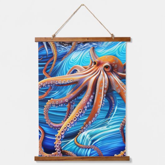 Majestic Octopus Blue Ocean Wave Expressionisme Hangend Wandkleed (Voorkant)