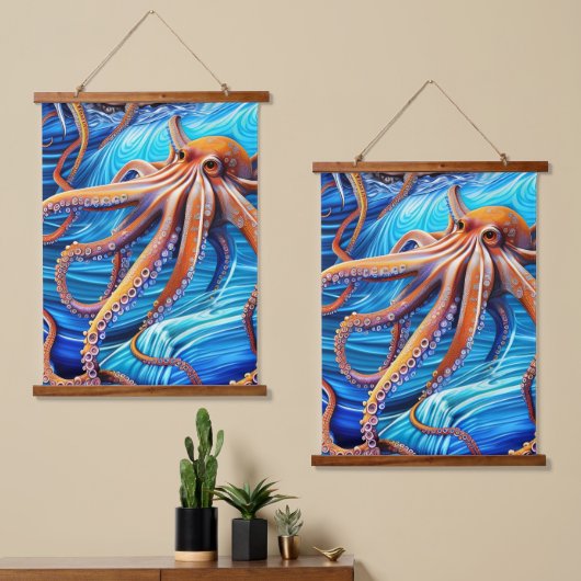 Majestic Octopus Blue Ocean Wave Expressionisme Hangend Wandkleed (Asymmetrisch)