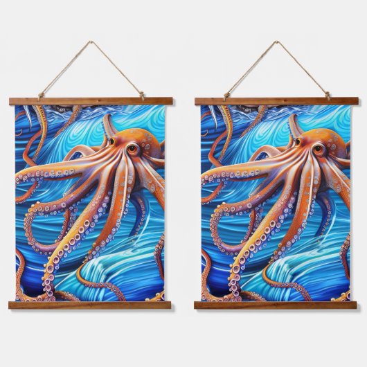 Majestic Octopus Blue Ocean Wave Expressionisme Hangend Wandkleed (Dubbel)