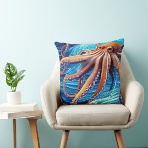 Majestic Octopus Blue Ocean Wave Expressionisme Kussen