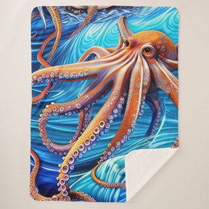 Majestic Octopus Blue Ocean Wave Expressionisme Sherpa Deken