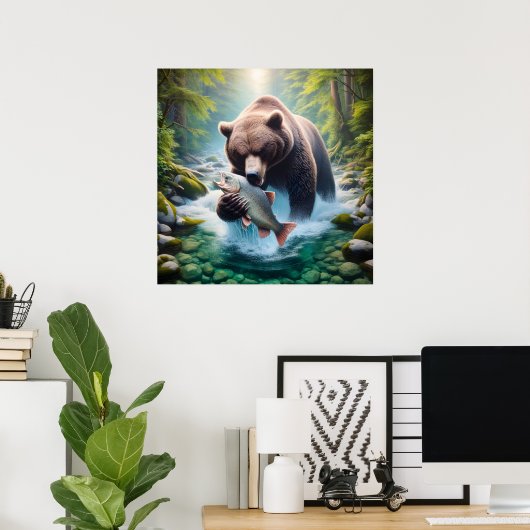 Majestic Ontmoeting: Beer en Vis in Stroom Poster (Thuiskantoor)