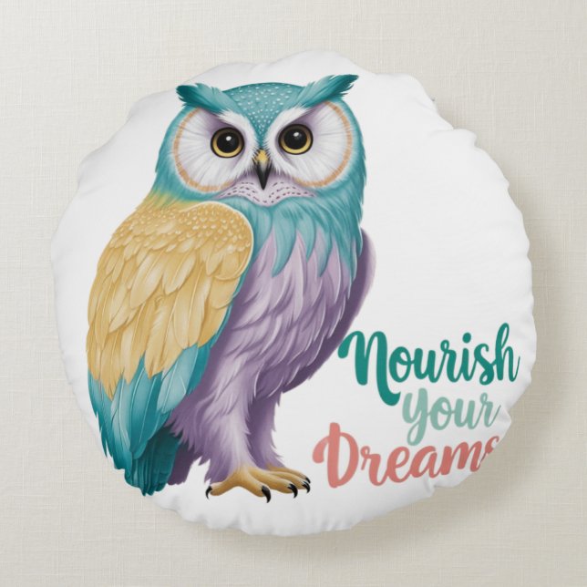 "Majestic Owl met Motivatie boodschap" Rond Kussen (Achterkant)
