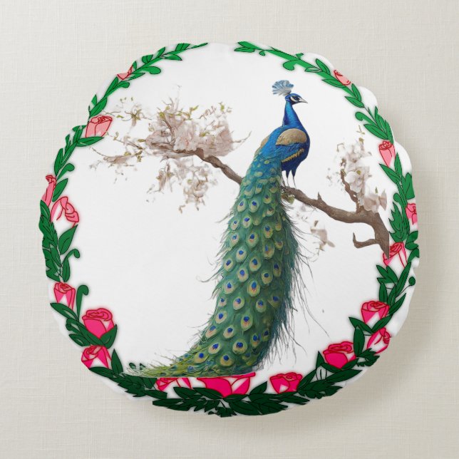 "Majestic Peacock Paradise" Rond Kussen (Voorkant)