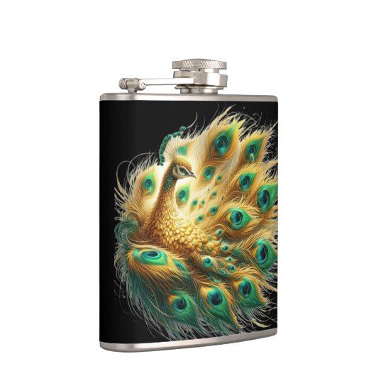 Majestic Peacock Vertoningen Groen en Geel Plumage Heupfles (Rechts)